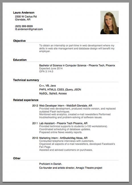 Ejemplo de un CV de un principiante creado con la iOS app giga-cv